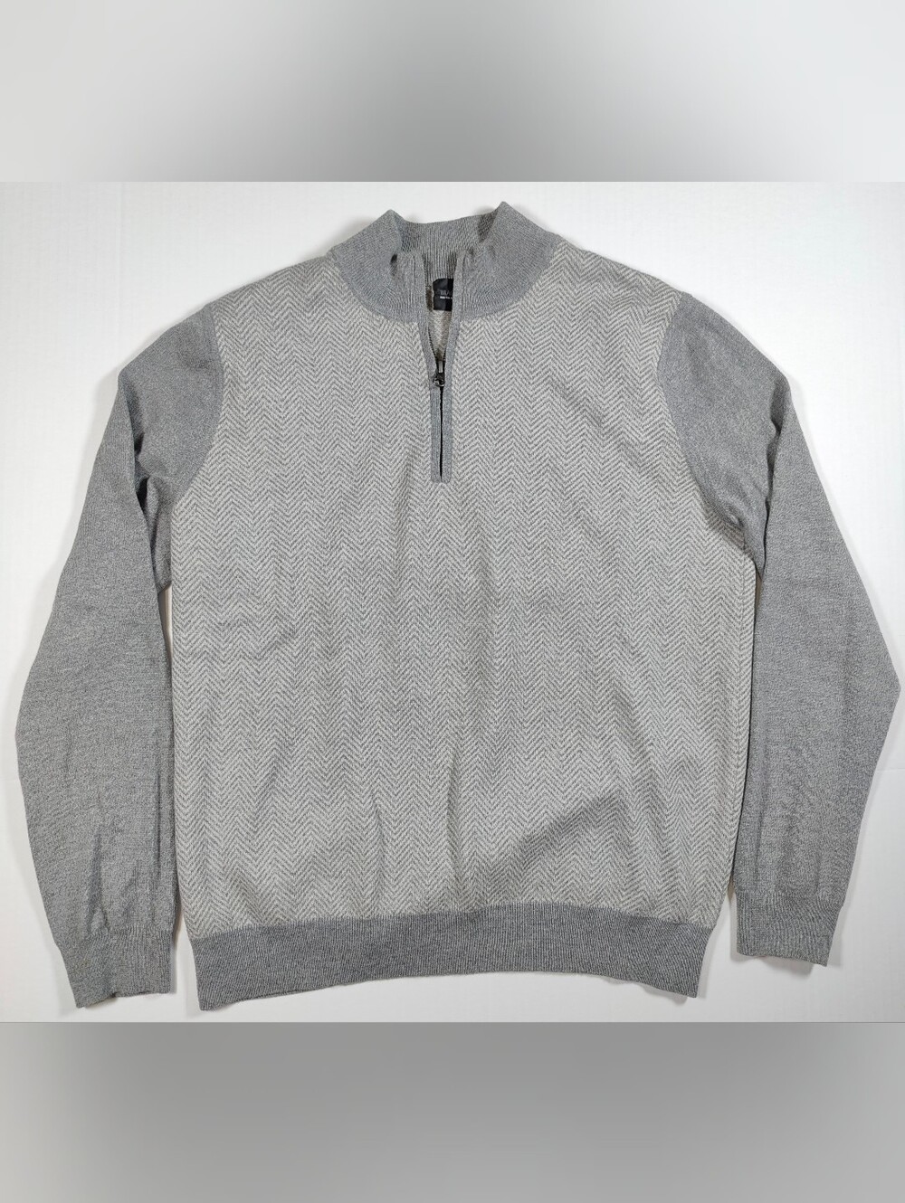Saks Fifth Avenue Black Mens 100% Light Gray Herringbone Quarter Zip Size L